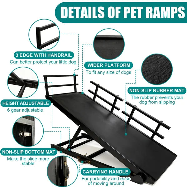 StepGlide black metal dog ramp with wide platform, non-slip mat, adjustable gears