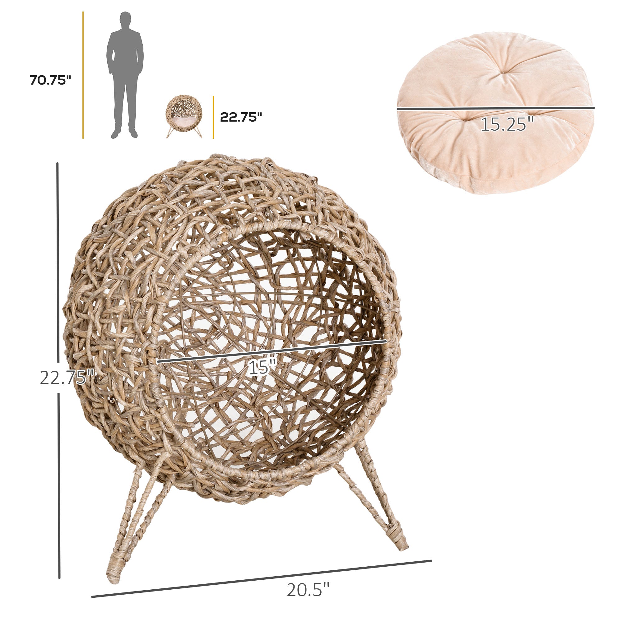 LeafNest 20.5 beige cushioned round wicker cat bed with three legs