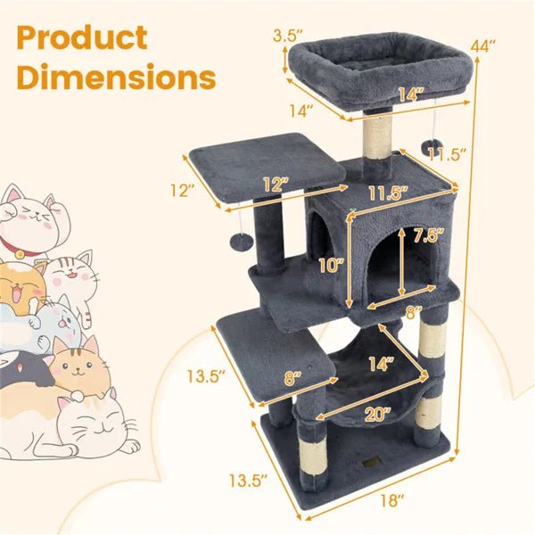 SkyRest 44’’ dark gray multi-level cat tree with sisal posts and hammock