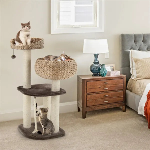 HyacinthClimb 41’’ cat tree with wicker baskets, sisal posts, gray bed nearby