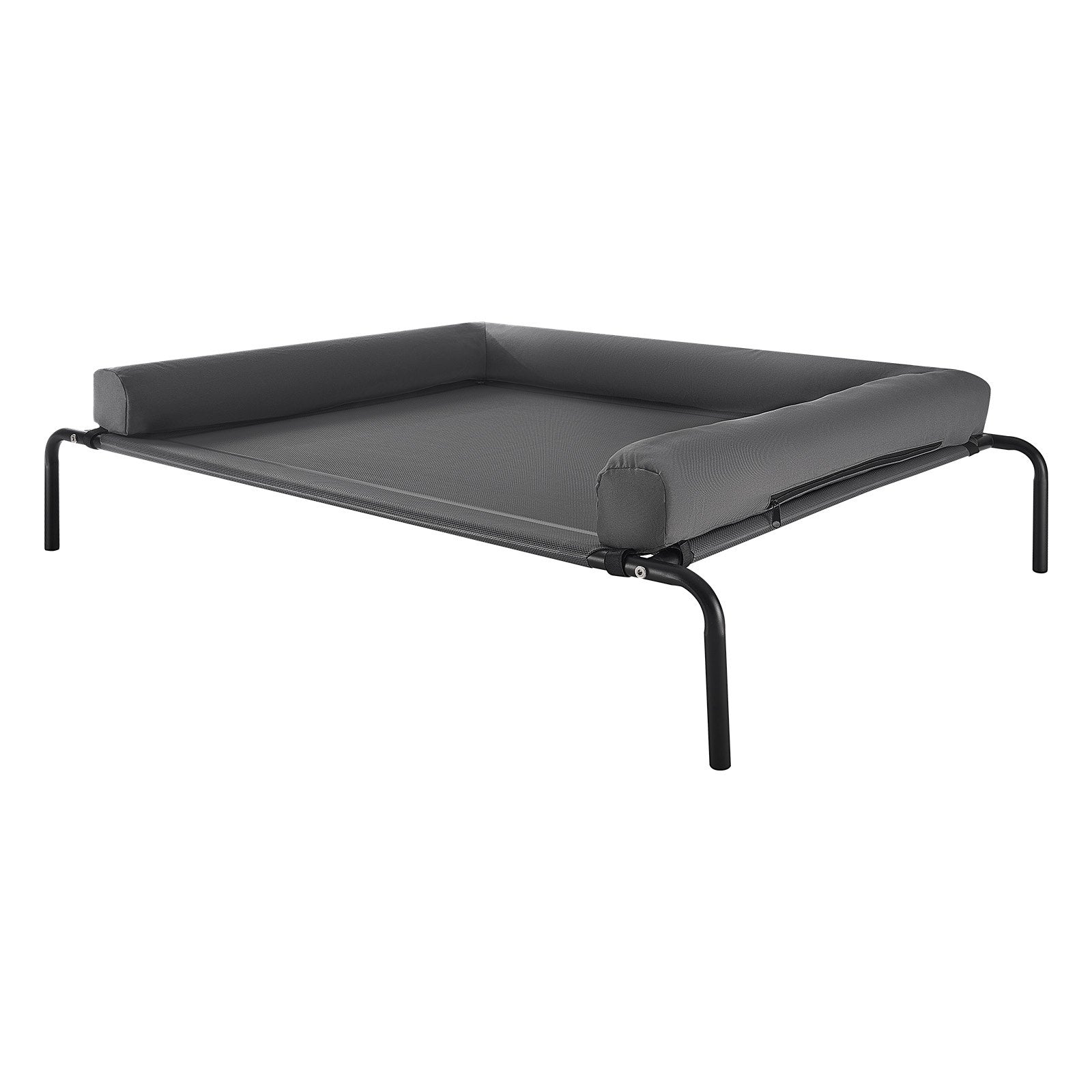 AeroRest XL elevated dog bed with black metal frame, gray cushions, mesh surface