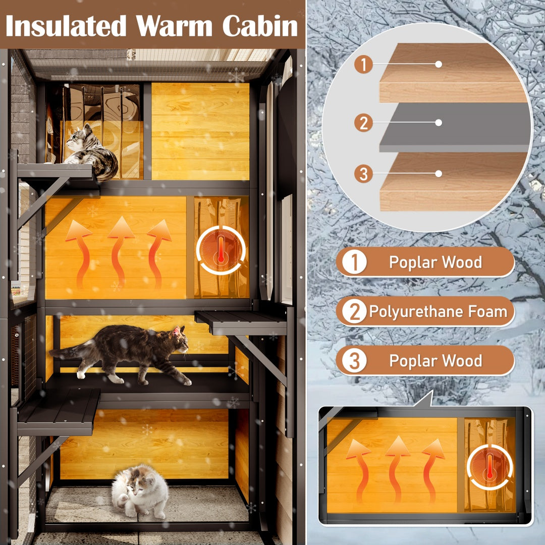 SunHaven Large Outdoor Cat Catio with 4 tiers, multi-level insulated poplar wood cabin