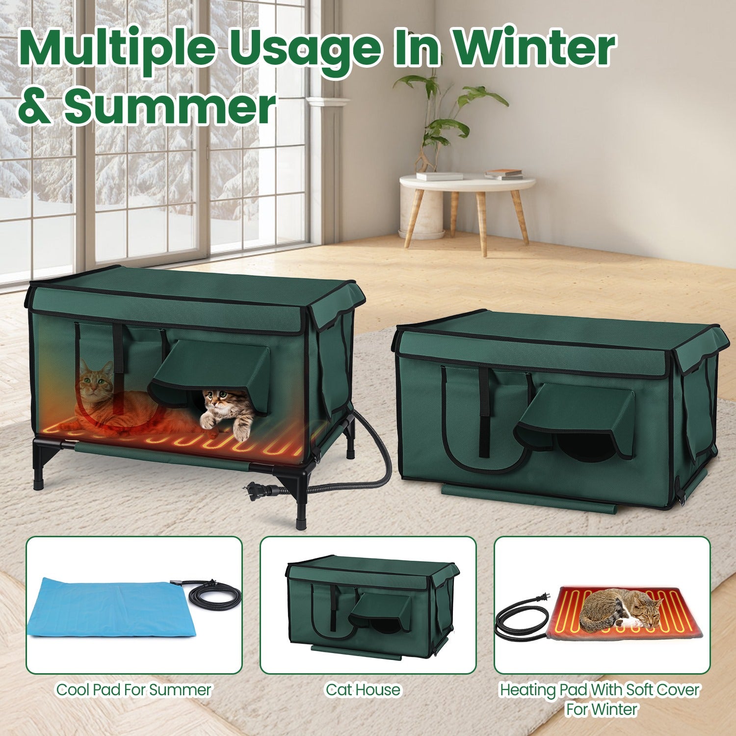 WarmHaven waterproof heated dark green foldable cat house with cooling pad