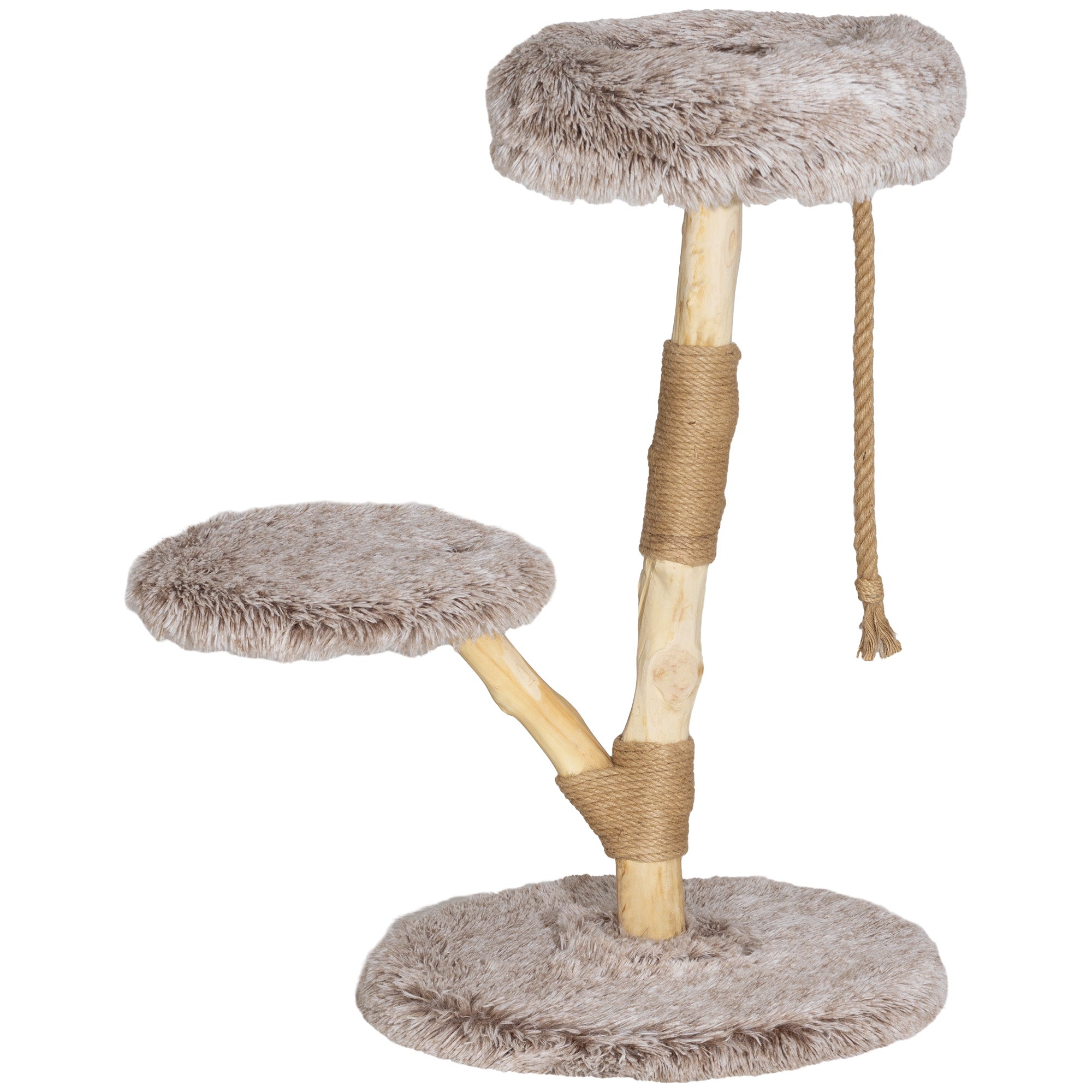WoodClimb 35’’ gray faux-fur modern cat tree with wood base and rope posts