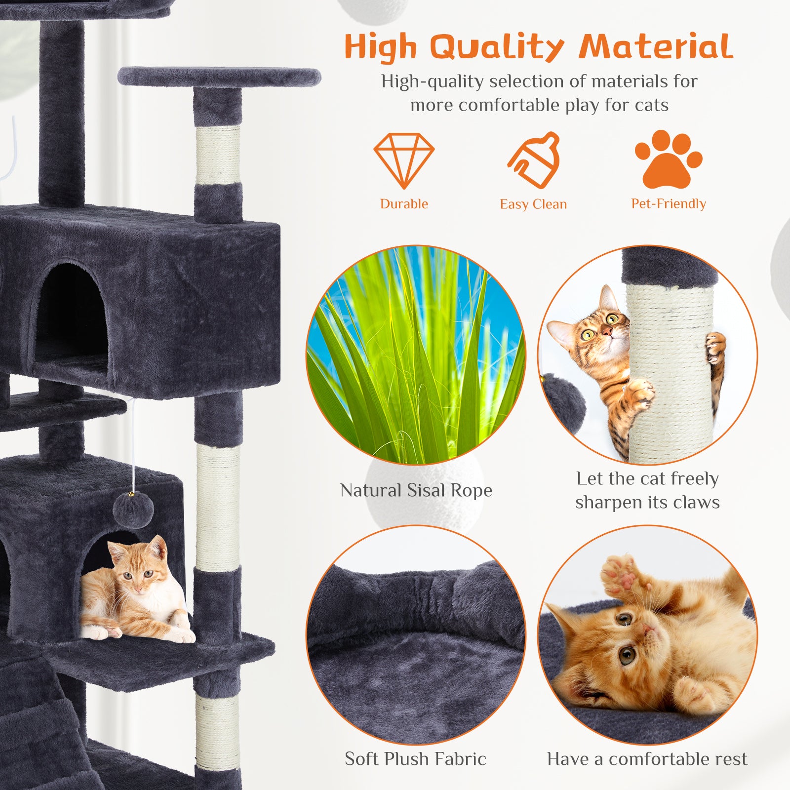 ClimbNest dark gray multi-level cat tree with plush platforms and sisal posts