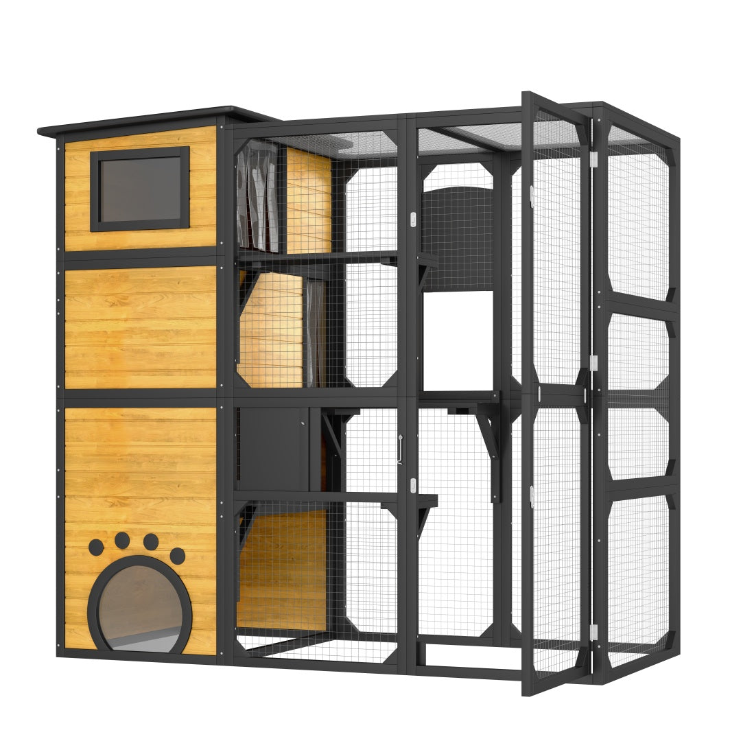SunHaven Large Outdoor Cat Catio with 4 tiers, black and light wood, mesh panels