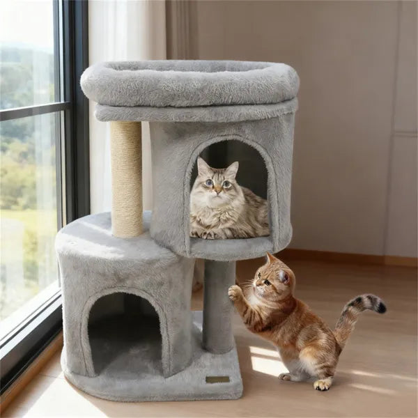 NestStep 26’’ gray plush cat tree with scratching post and dual condos