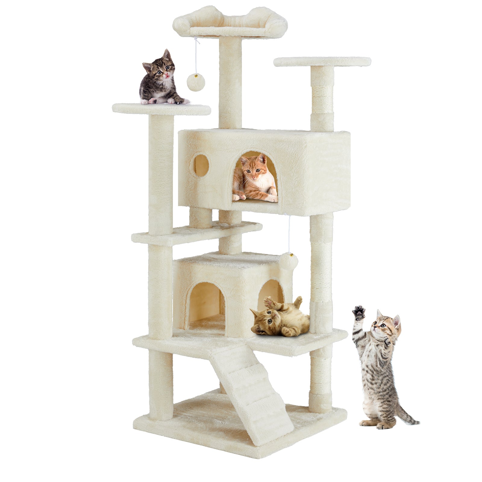 ClimbNest cream multi-level cat tree with carpeted platforms and hideaways