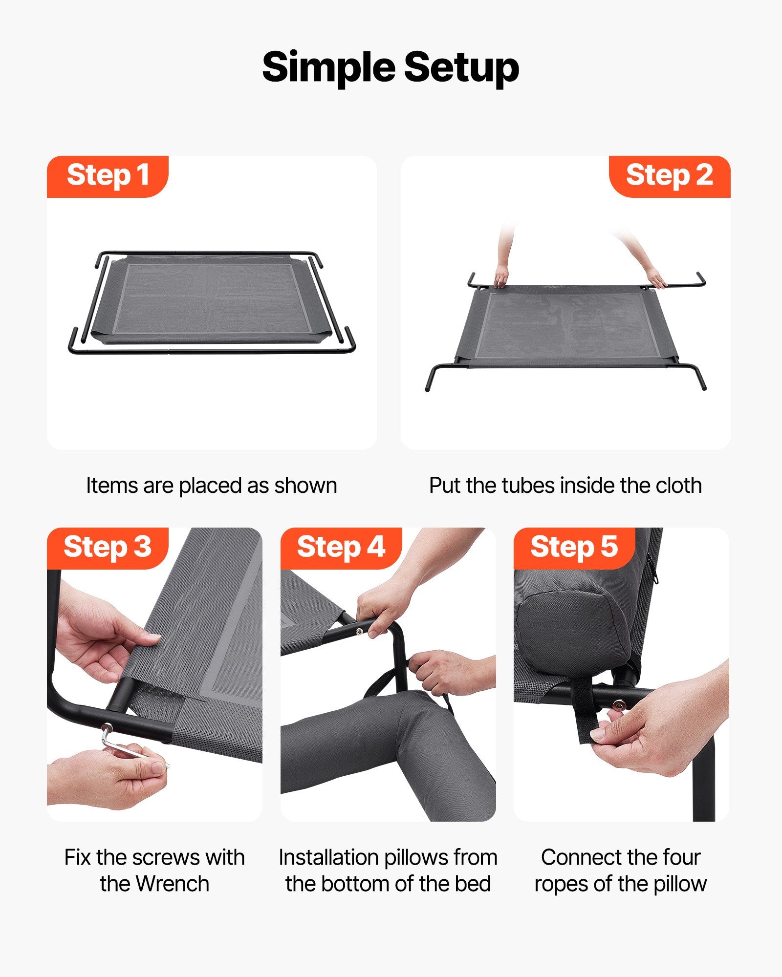 AeroRest XL elevated dog bed with black metal frame, gray mesh and pillows