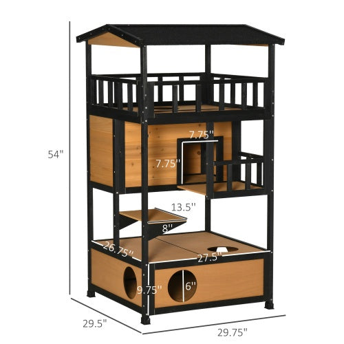 WoodHaven Wooden Outdoor Cat House in black and light brown with platforms