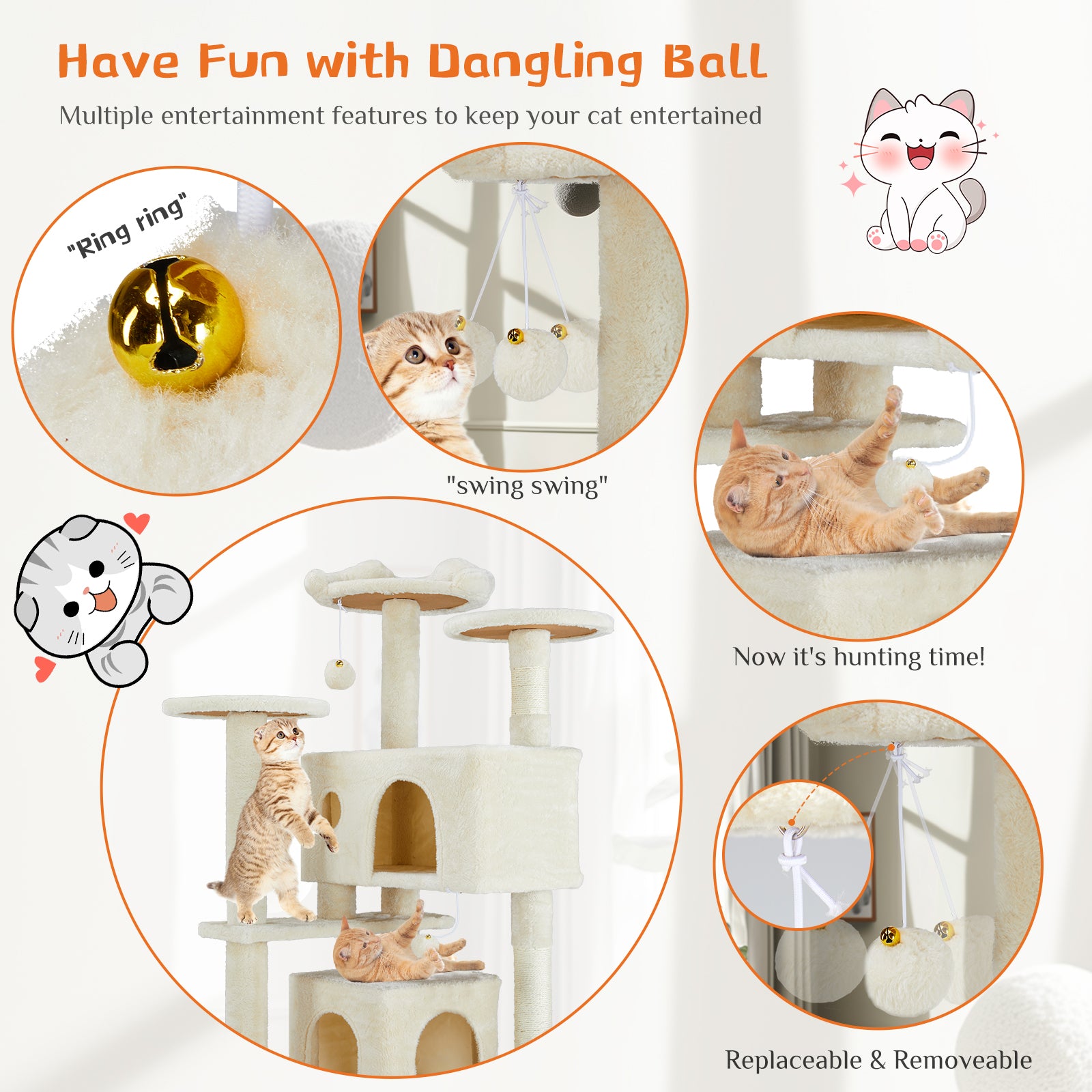 ClimbNest Multi-Functional beige cat tree with platforms, posts, bells