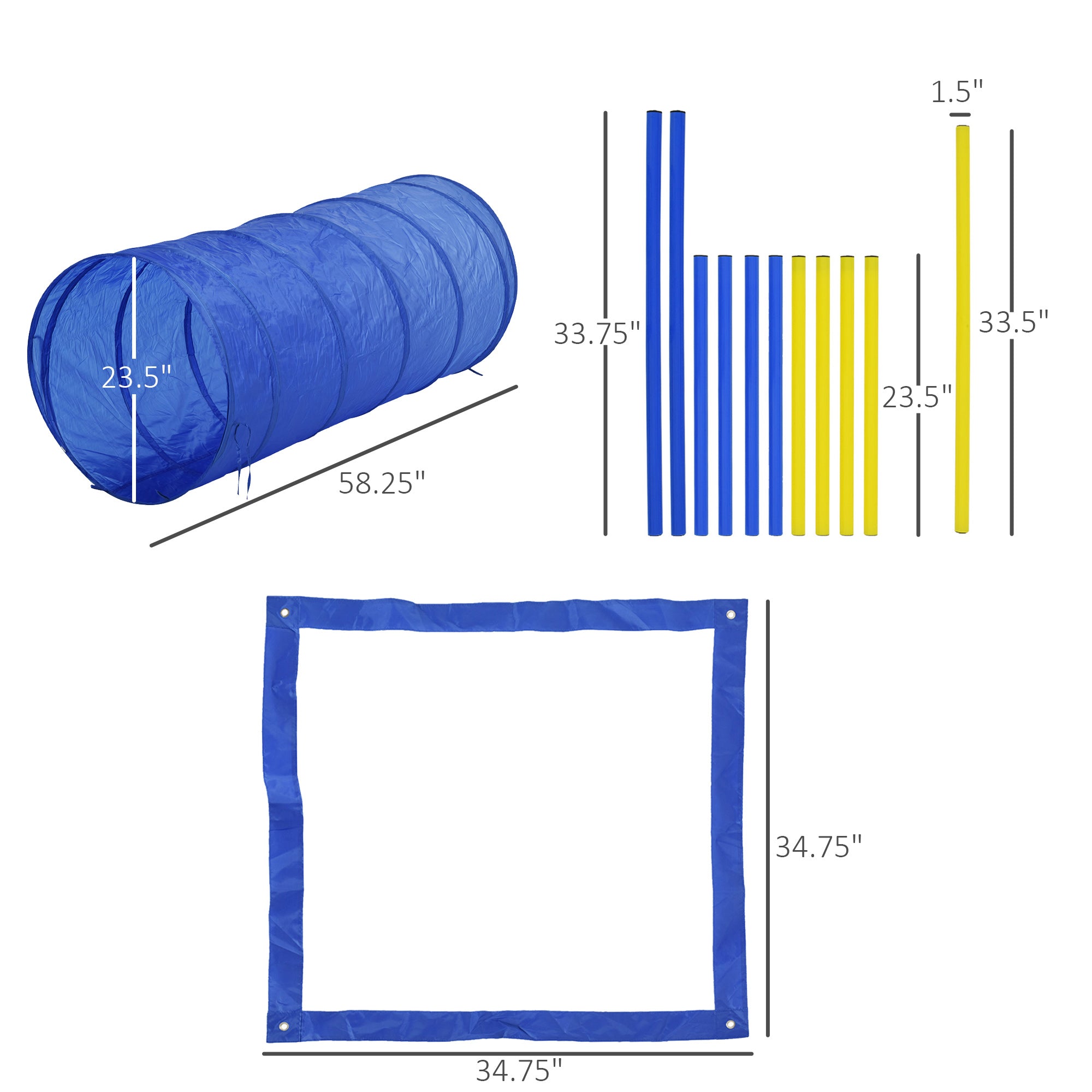 AgiliArena blue inflatable play tunnel with yellow poles entrance