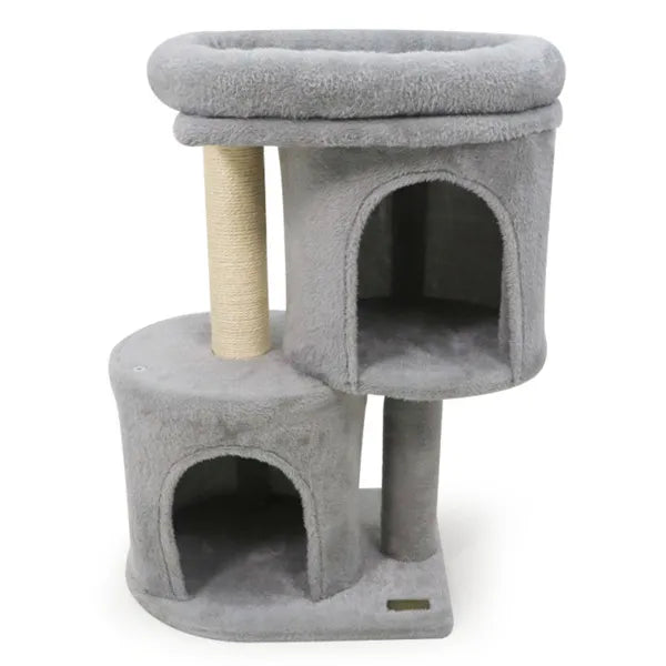 NestStep 26’’ gray two-level cat tree with plush surface, sisal post, dual condos