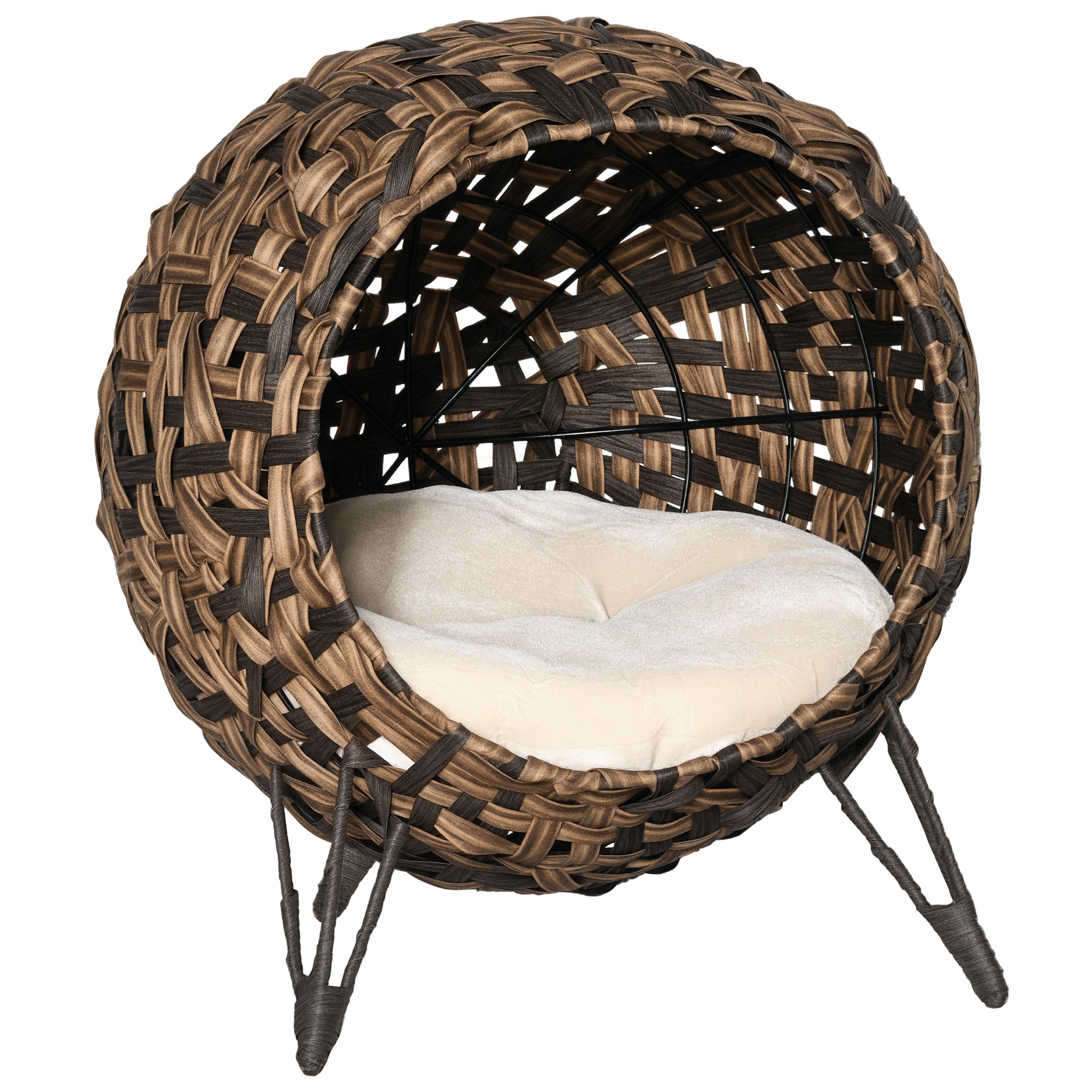 LeafNest 20.5’’ hand-woven brown black wicker elevated cat bed with cream cushion