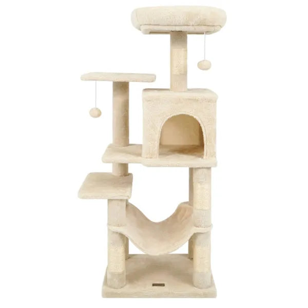 SkyLounge 44’’ beige multi-level cat tree with hammock and hanging balls