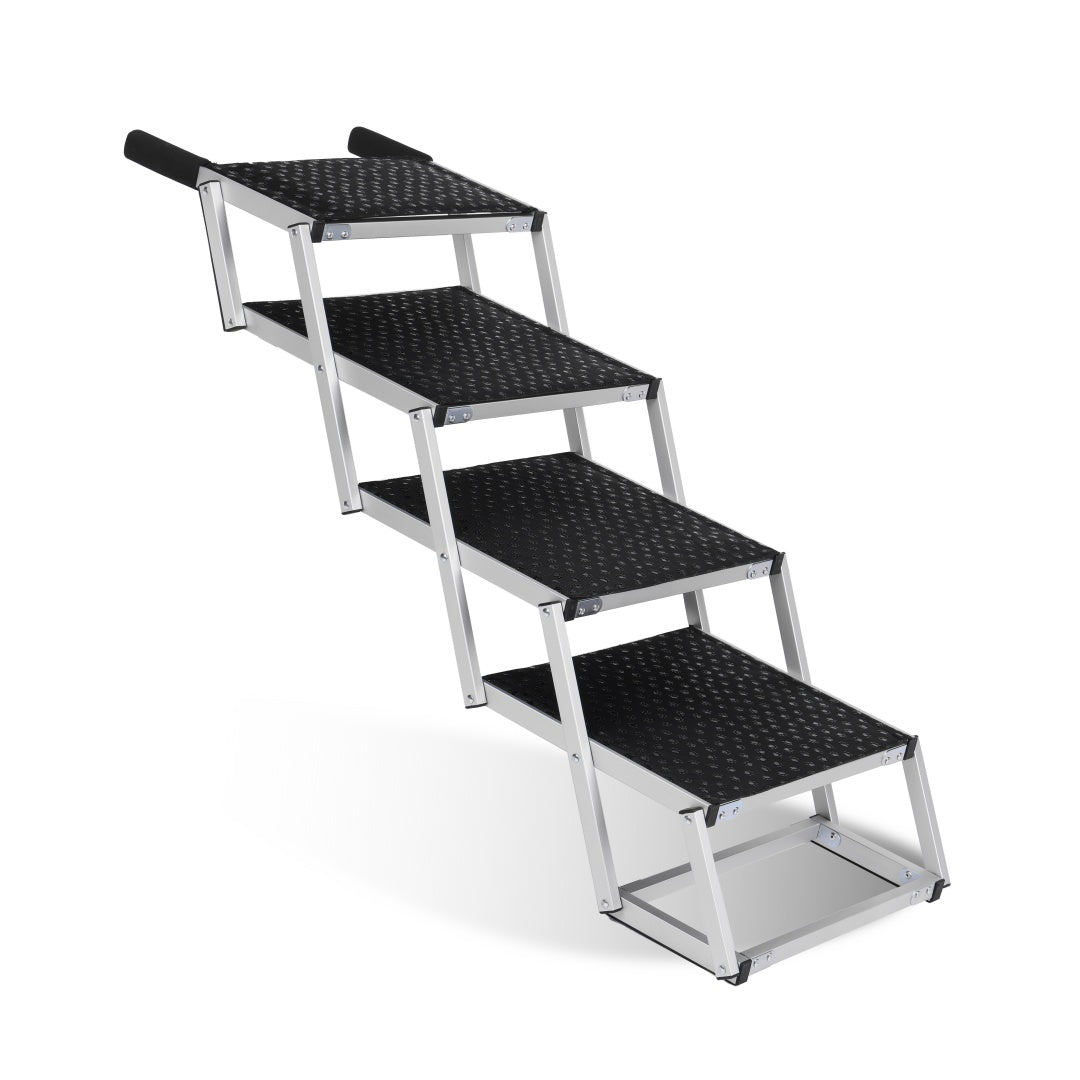 AutoStride silver aluminum pet staircase with 4 black textured steps, rubber handles