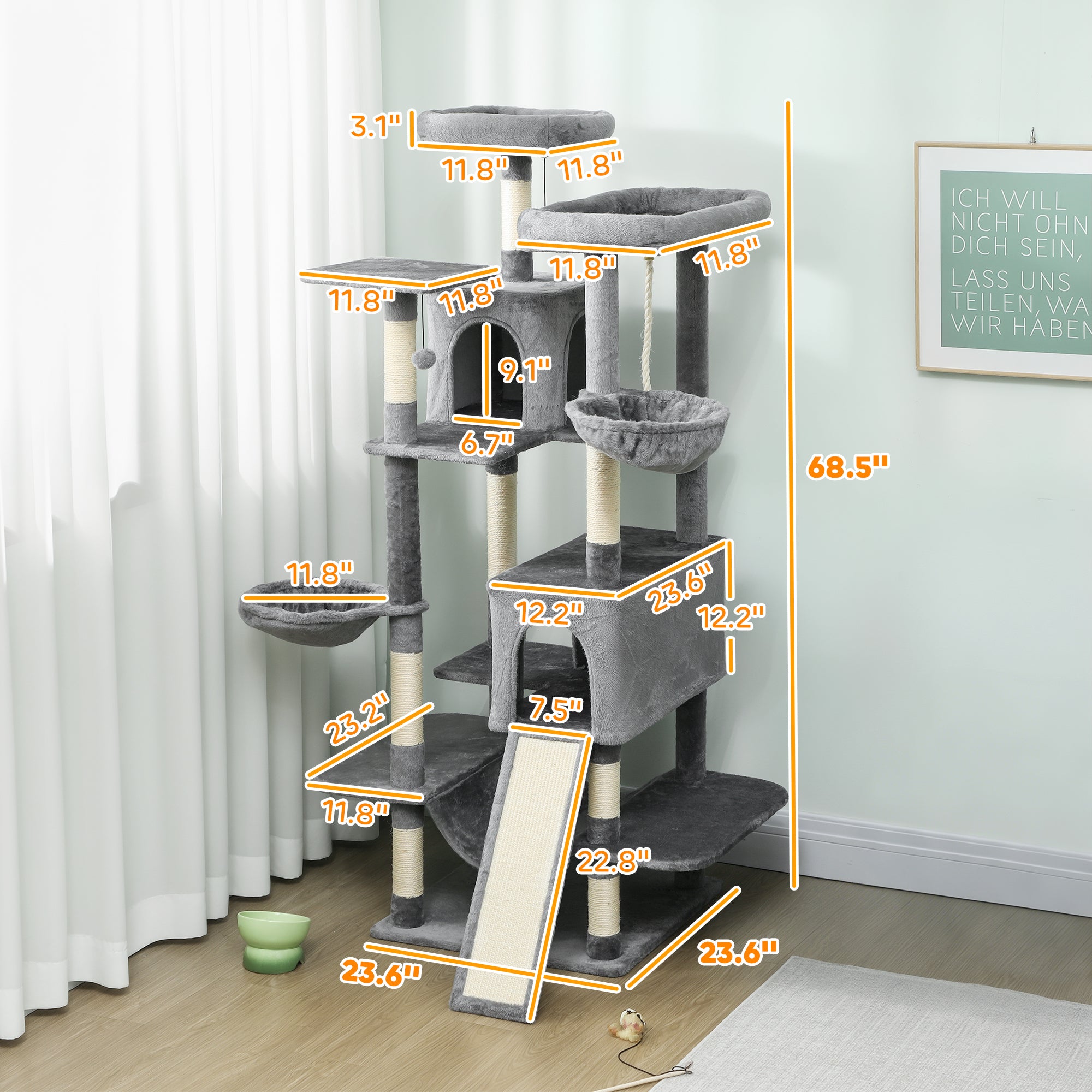 HarmonyTower 69’’ gray multi-level cat tree with sisal posts and plush platforms