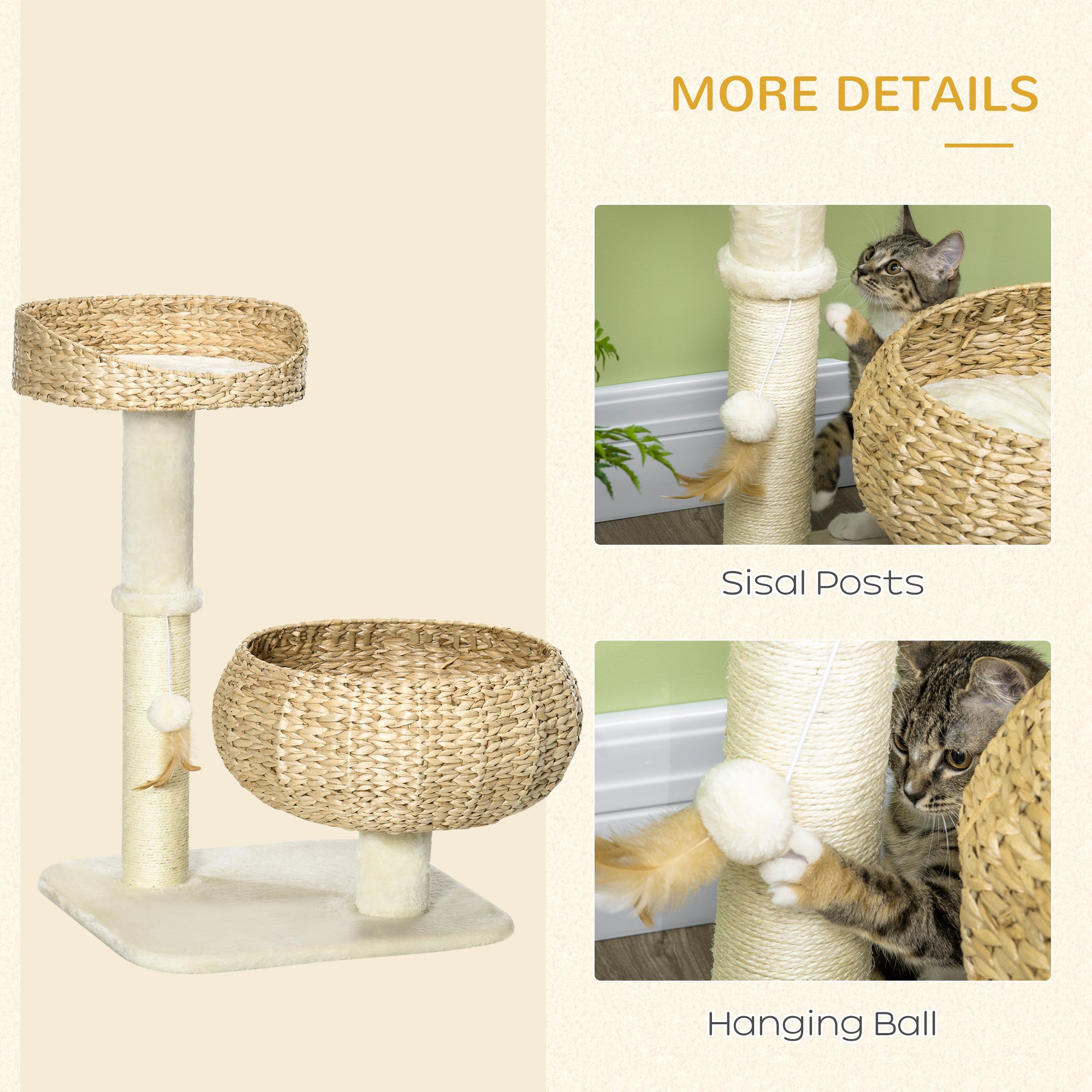 BasketClimb 28’’ beige wicker cat tree with sisal posts and hanging toy