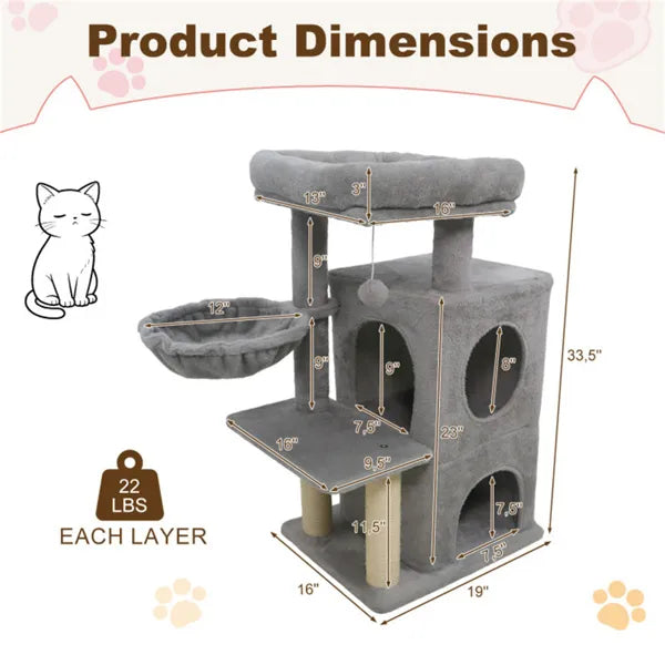 SafeClimb 33.5’’ light gray multi-level cat tree with 2-tier condo