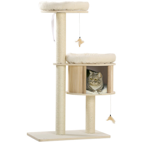 PlayNest 3-level beige cat tree with wooden hideaway, sisal posts, cushioned platforms