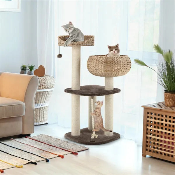 HyacinthClimb 41’’ beige brown cat tree with wicker baskets sisal posts toy