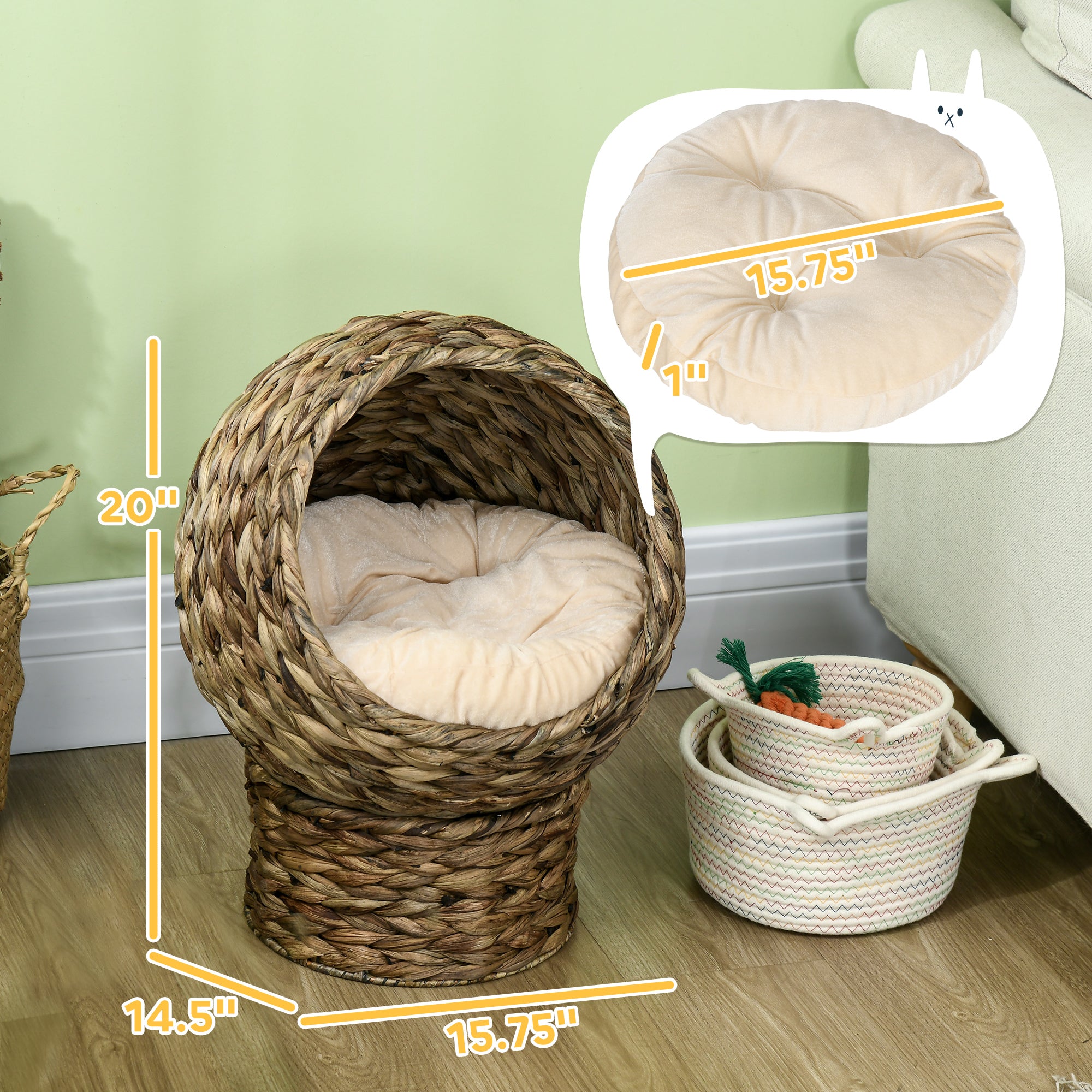 EggNest 20’’ gray handwoven elevated cat bed with cream cushion