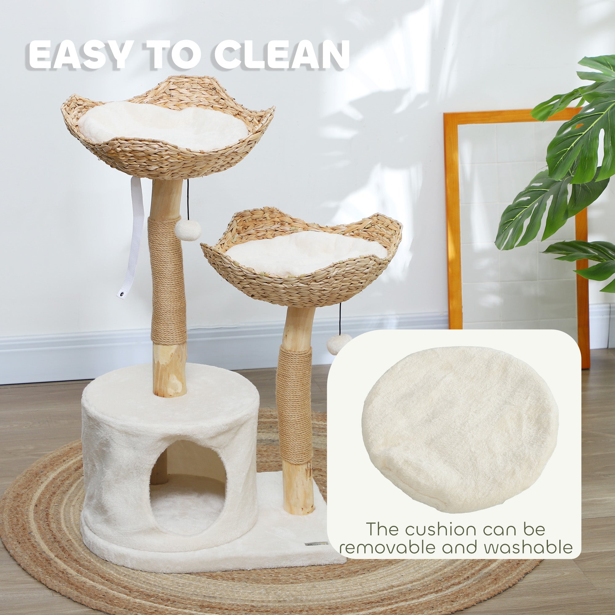 SafeWood 37’’ modern cat tree with wicker platforms, cushions and condo