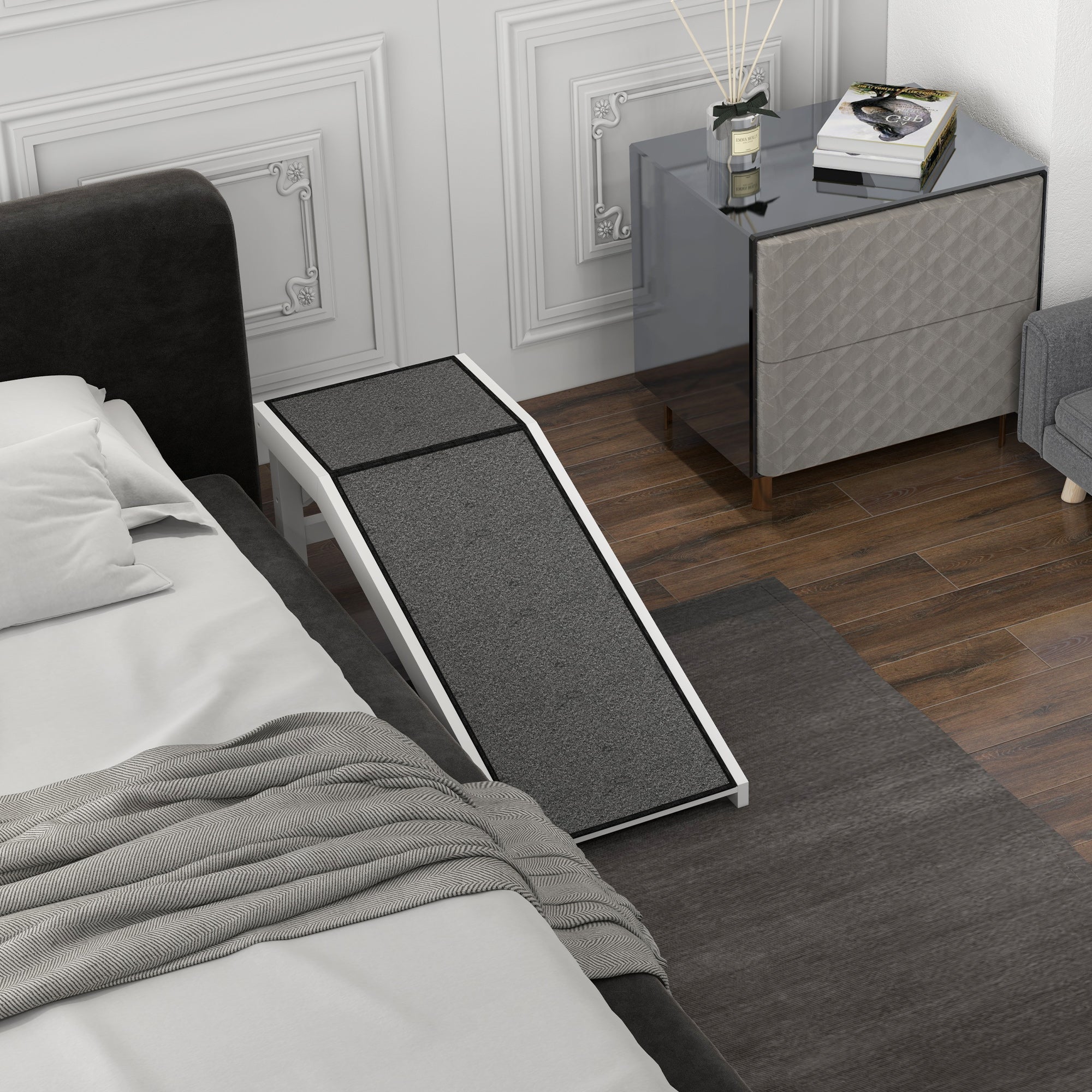 EaseClimb 49’’ gray textured pet ramp with white frame and non-slip carpet