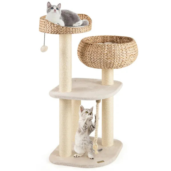 HyacinthClimb 41’’ white woven cat tree with beige top perch, bowl and base