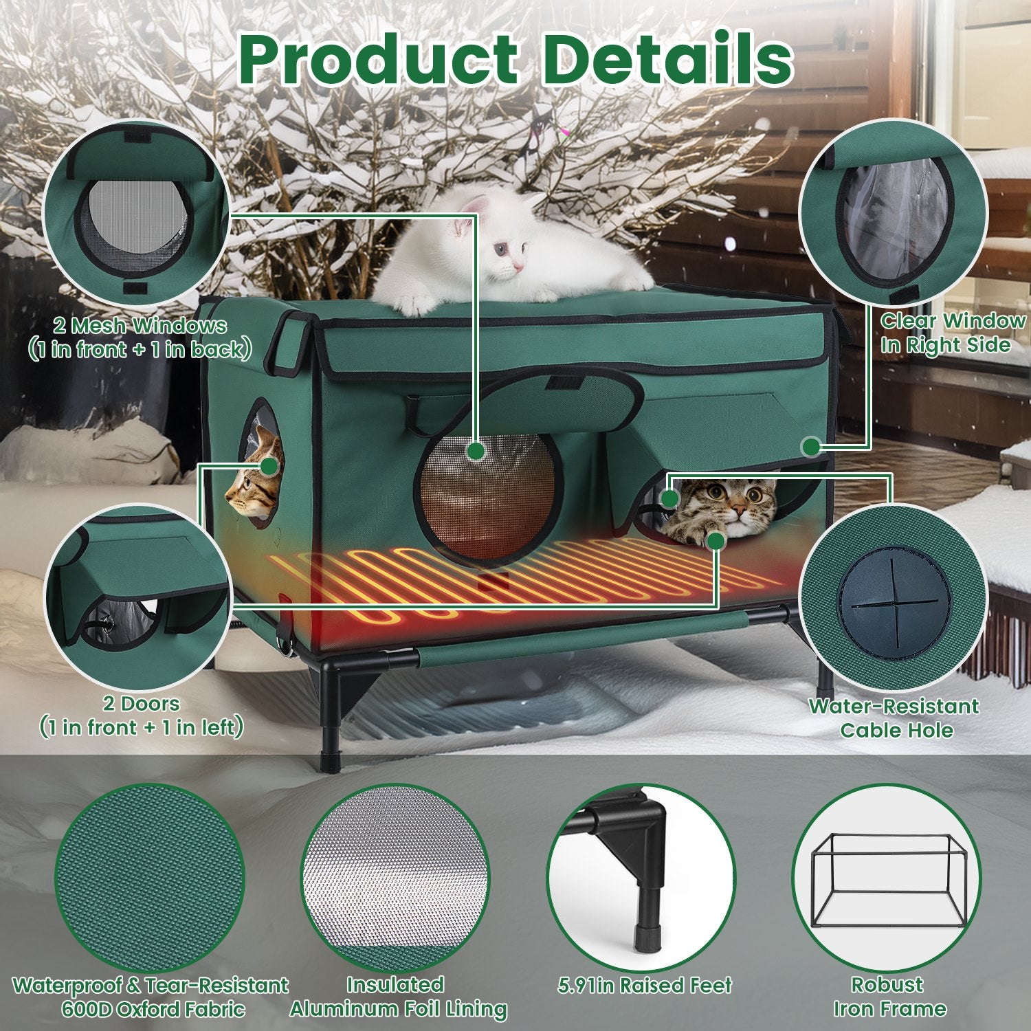 WarmHaven Waterproof Heated Cat House green carrier back view