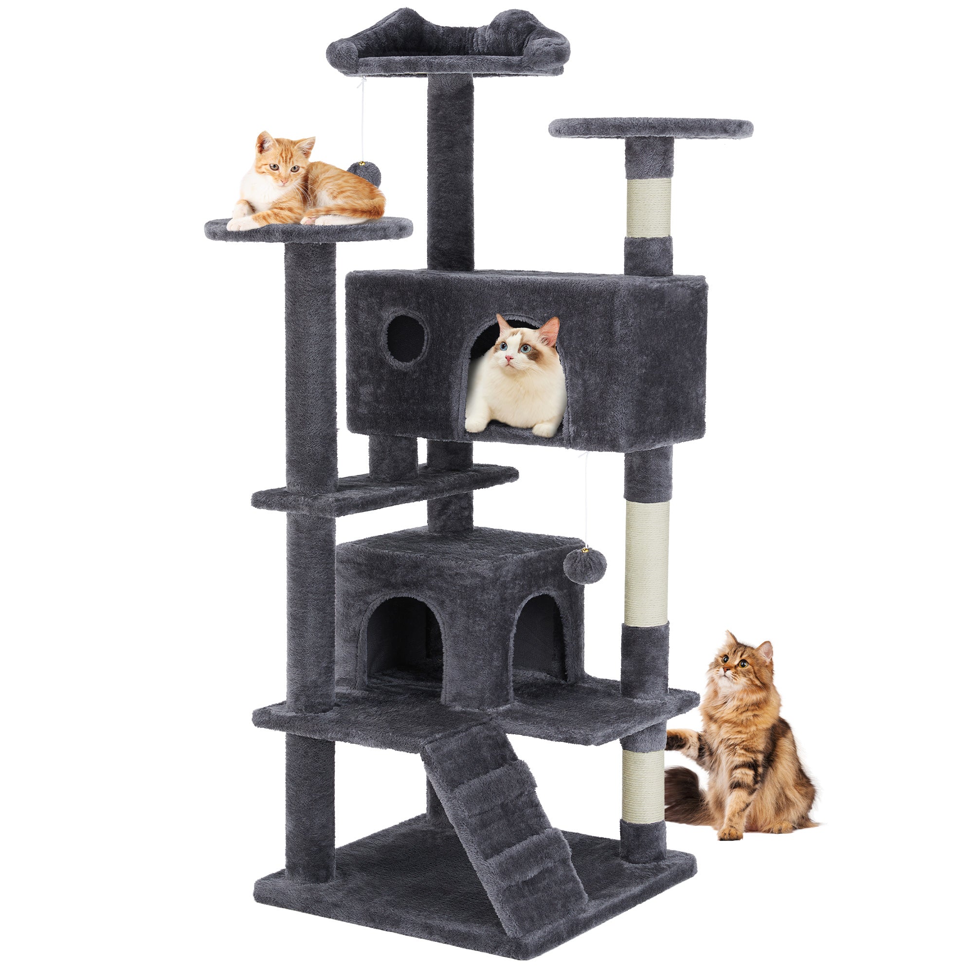 MegaClimb gray plush multi-level cat tree tower with platforms and posts