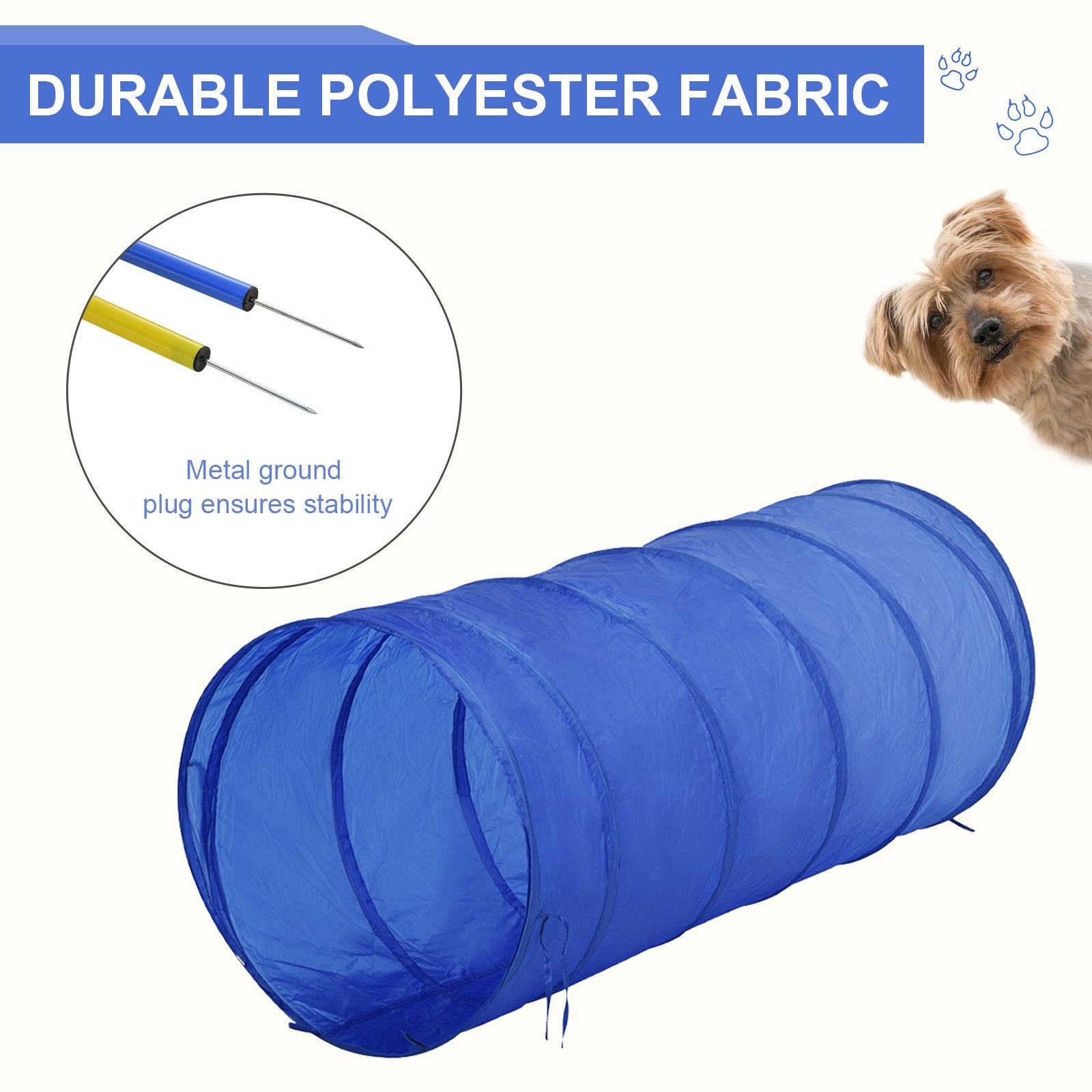 AgiliArena blue polyester dog tunnel with metal ground plug
