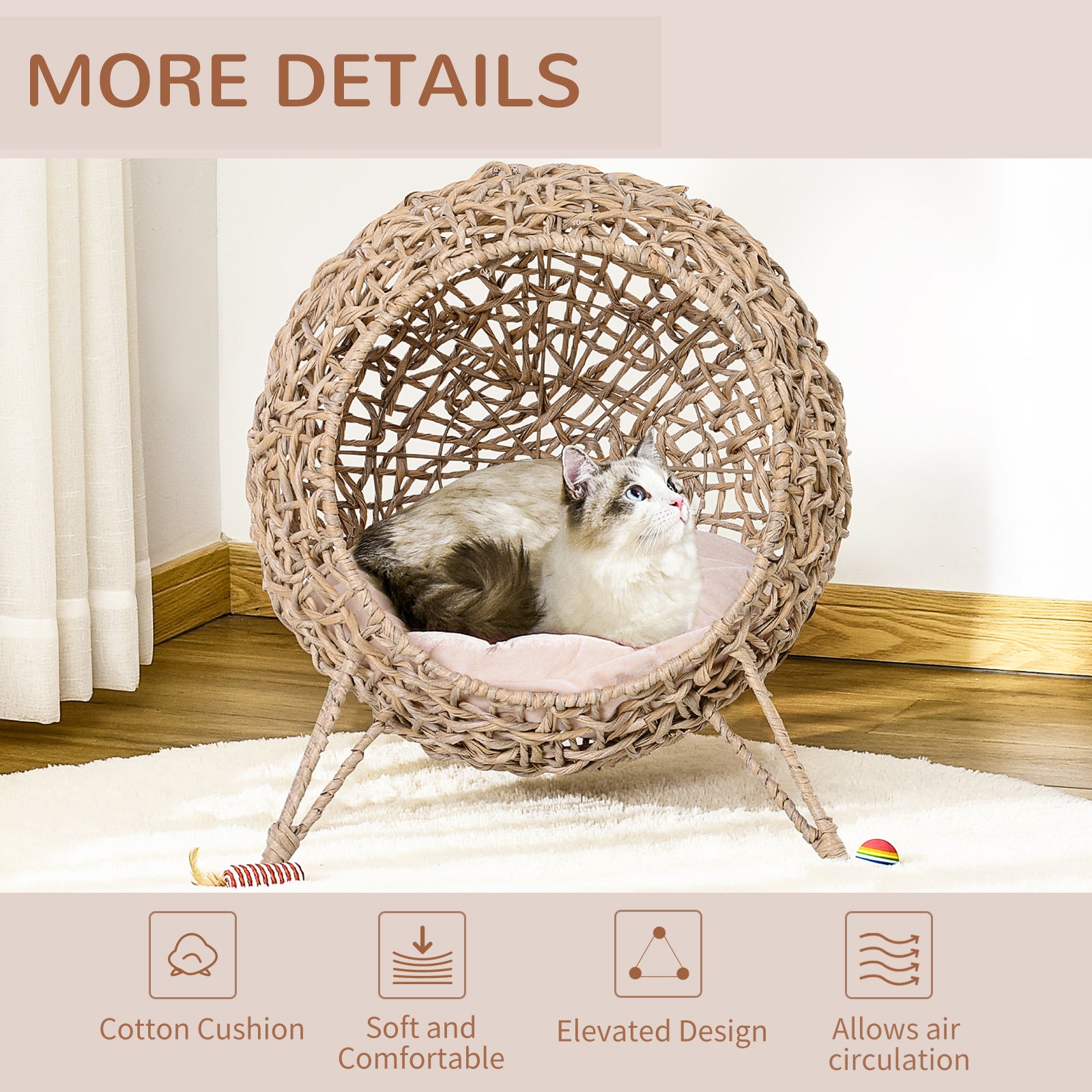 LeafNest 20.5-inch beige wicker elevated cat bed with pink cushion