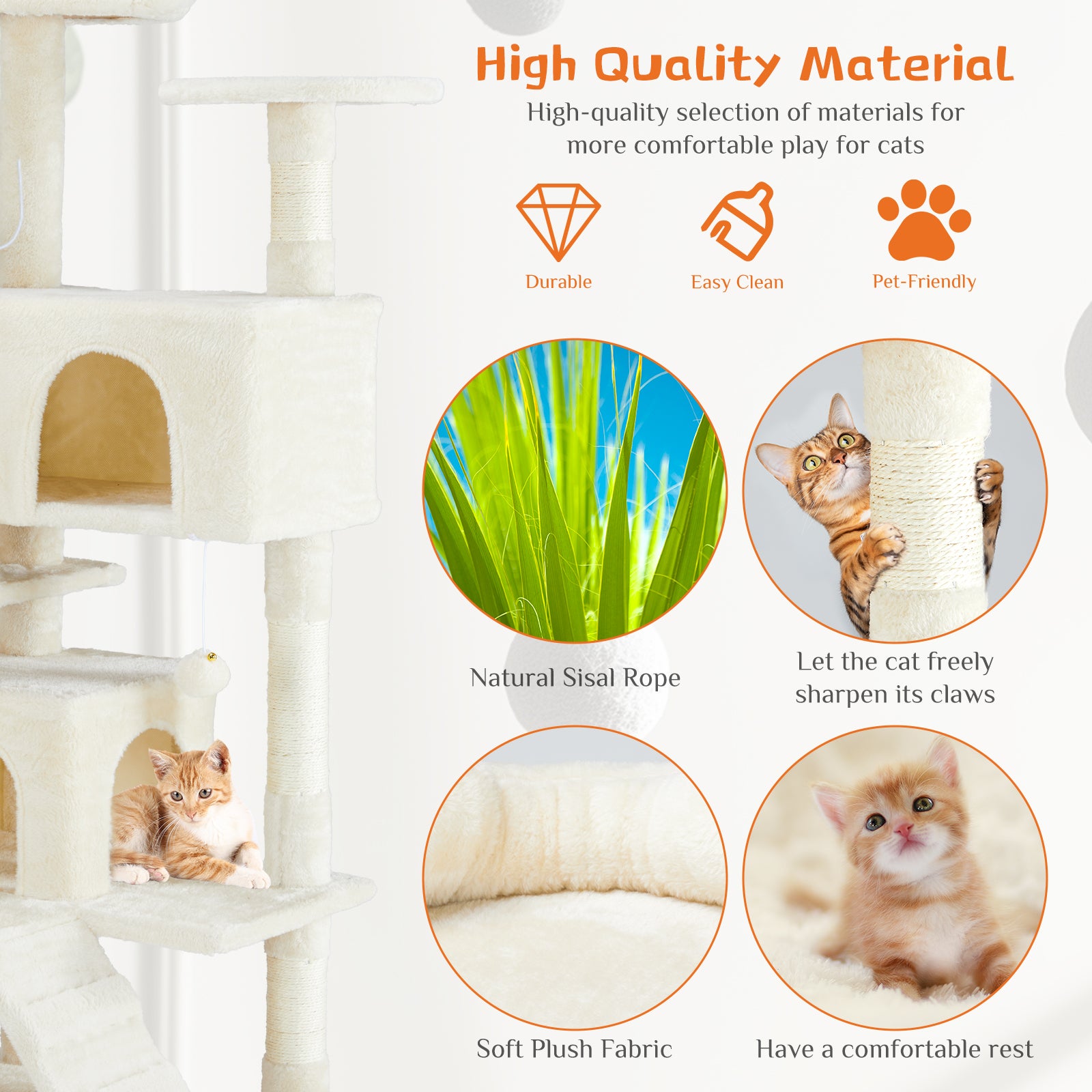 ClimbNest white multi-level cat tree with sisal posts and plush platforms