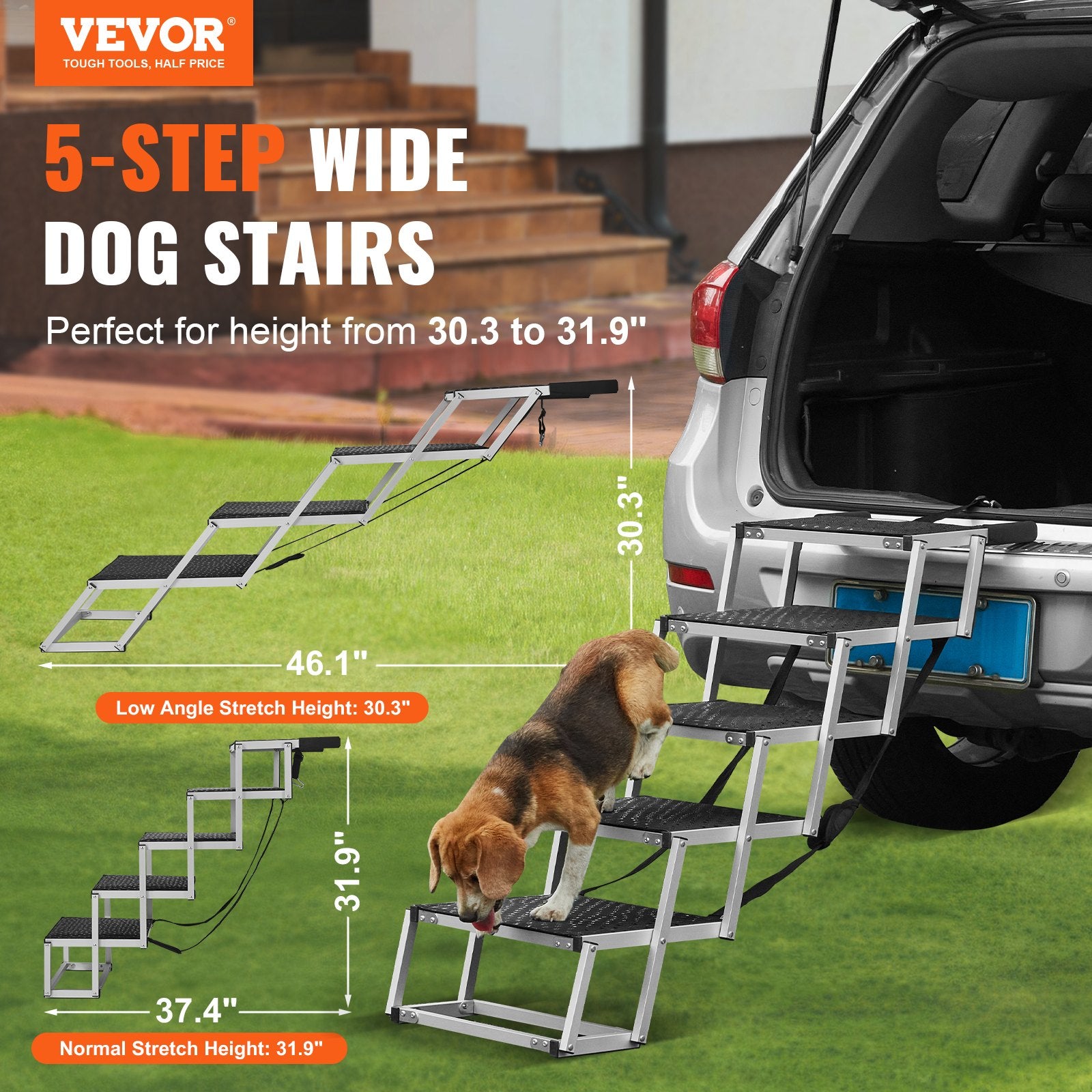 StepGlide 5-Step silver aluminum dog stairs with black non-slip steps for cars