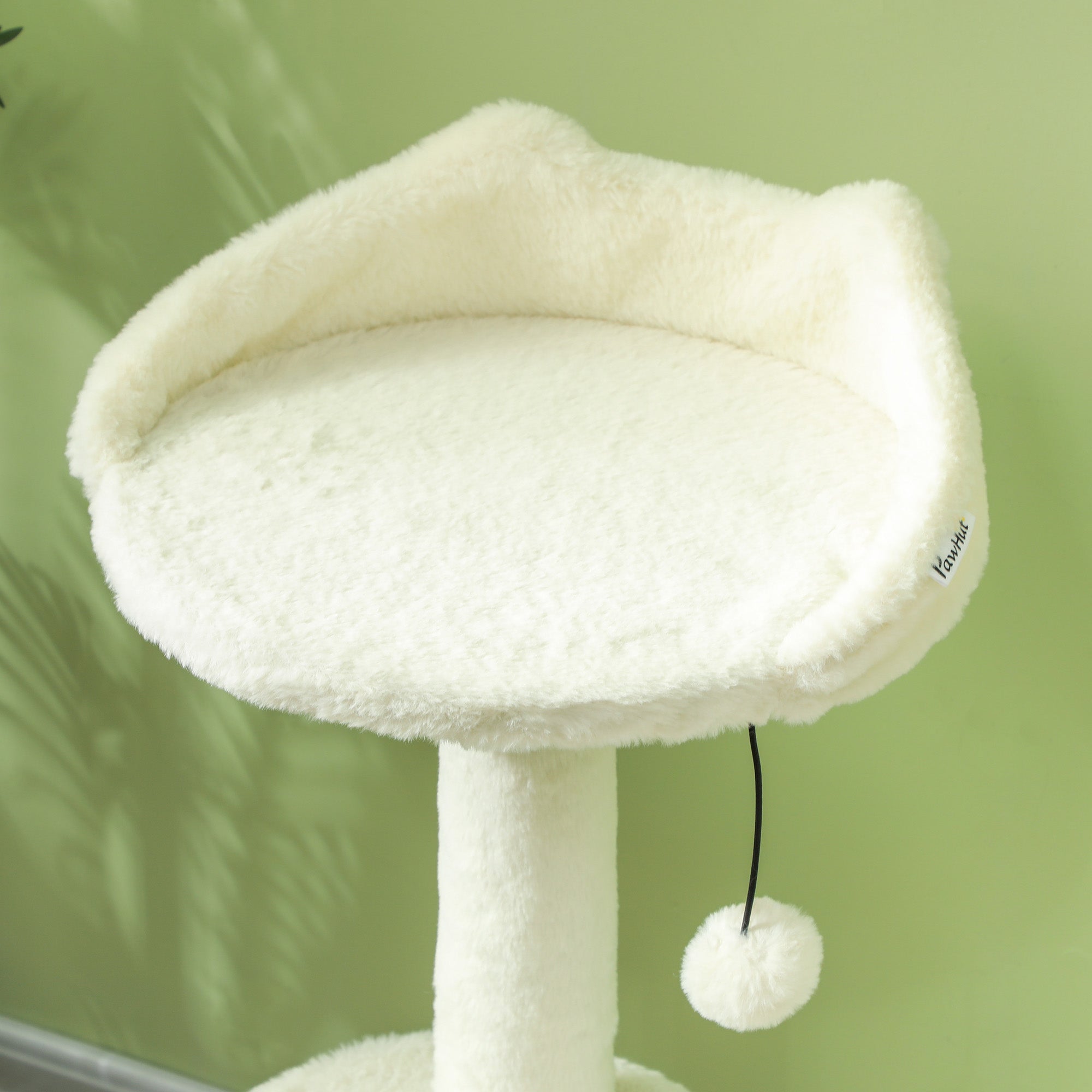 White fluffy plush cat bed with pom-pom toy on SoftClimb 31’’ cat tree