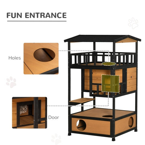 WoodHaven Wooden Outdoor Cat House with black metal frame, platforms