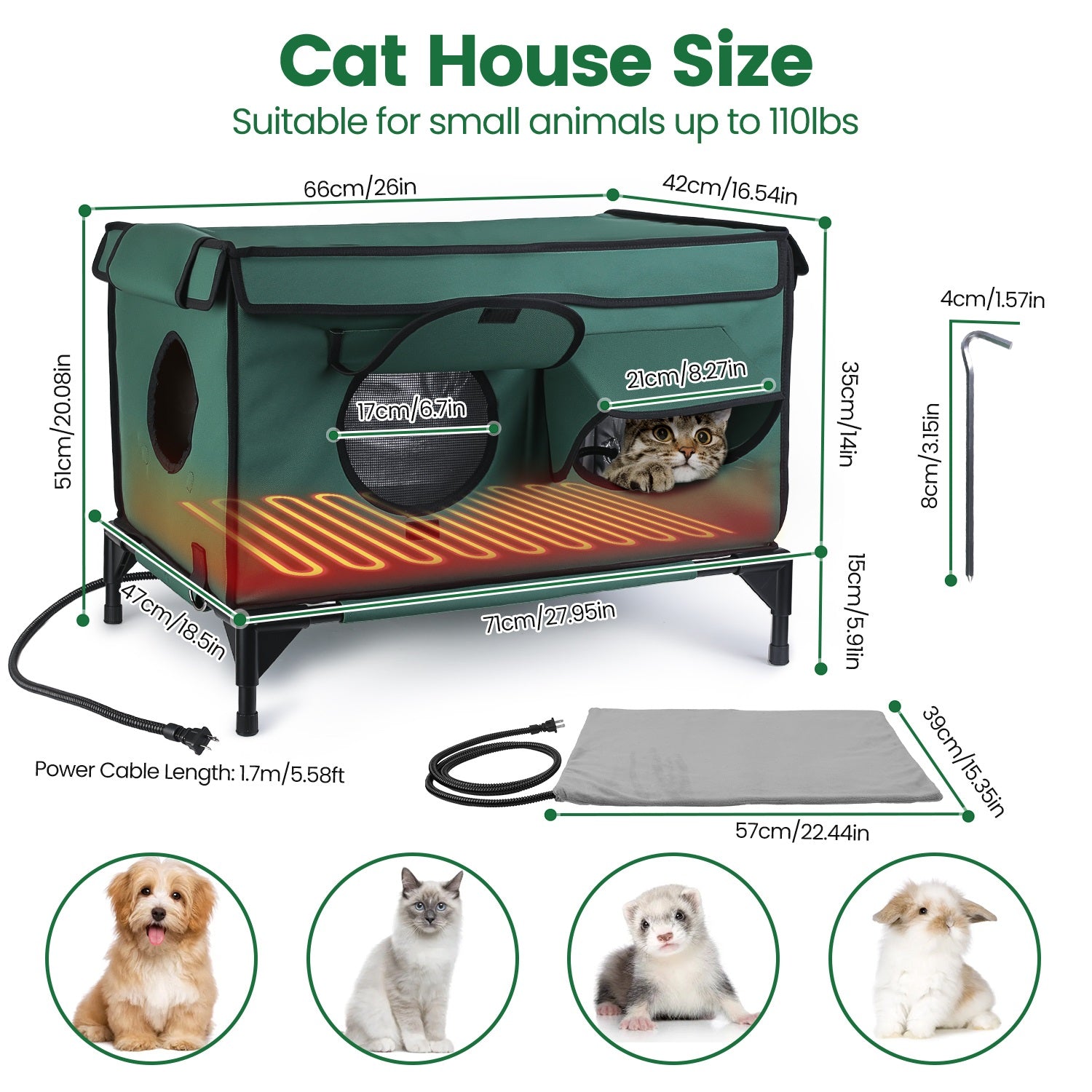 WarmHaven waterproof heated cat house with green fabric and mesh openings