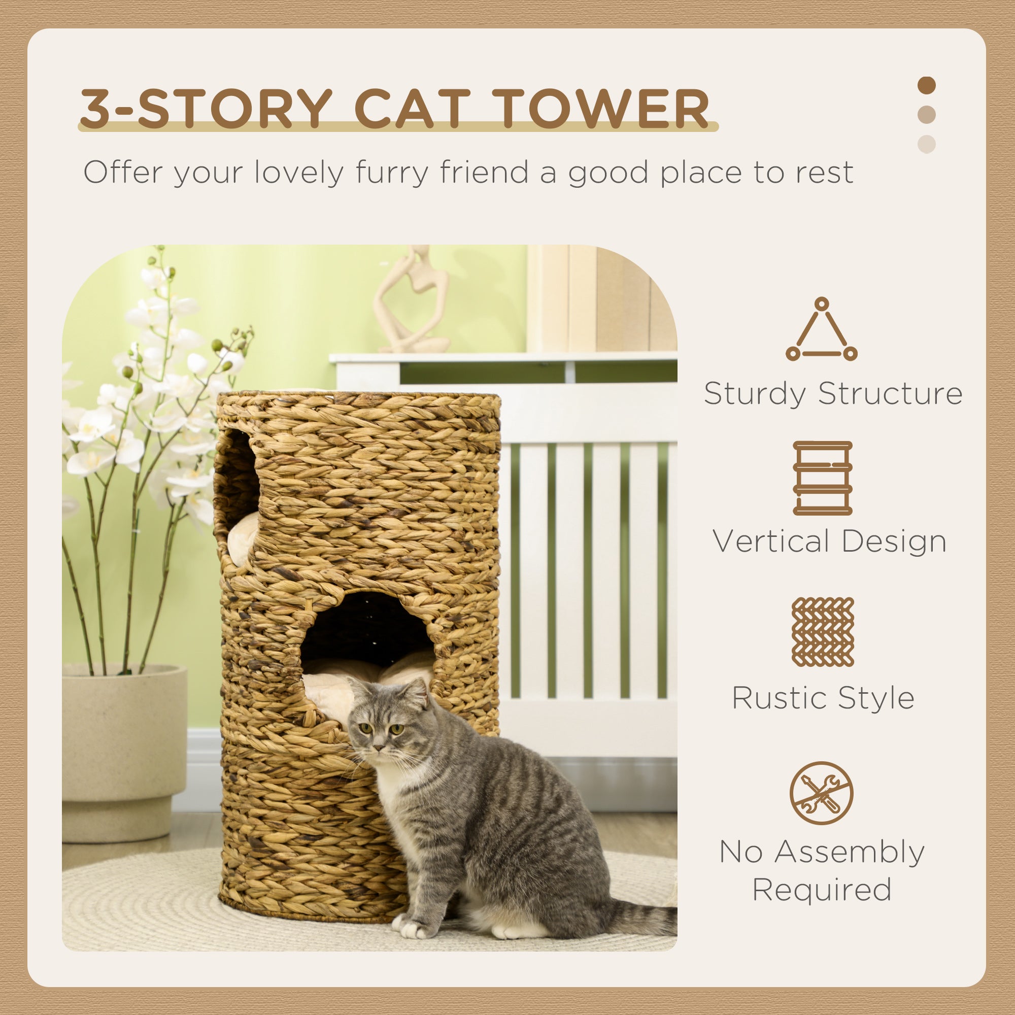 StackNest Elevated rustic 3-story woven cat tower with cozy hideaways