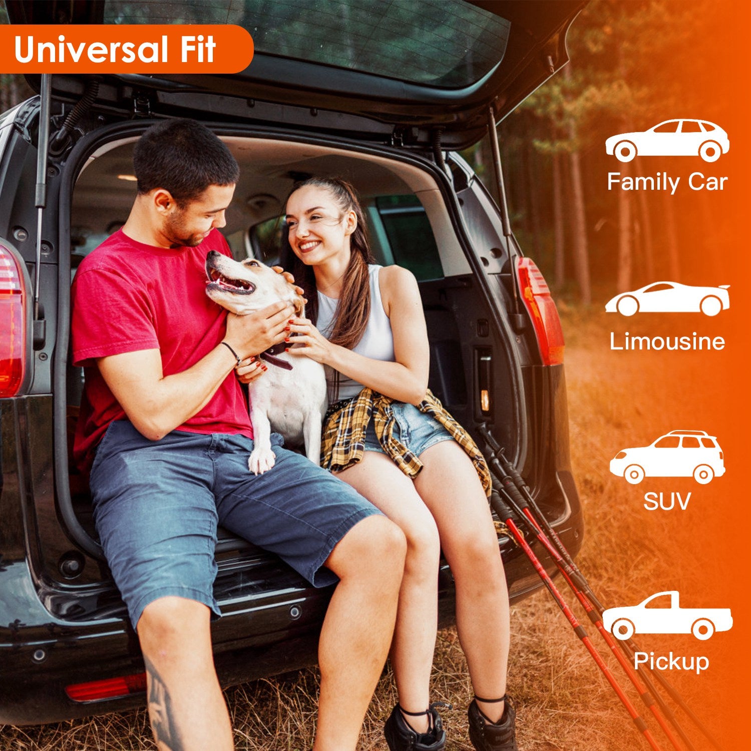 Black family car rear seat with open door showing SeatGuard waterproof dog cover