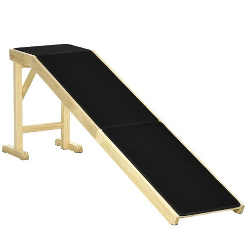 LoftPath wooden pet ramp with black carpet, light wood frame and top platform