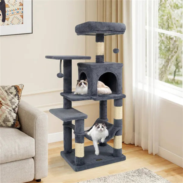 SkyRest 44’’ gray multi-level cat tree with sisal posts, hammock and hideaway