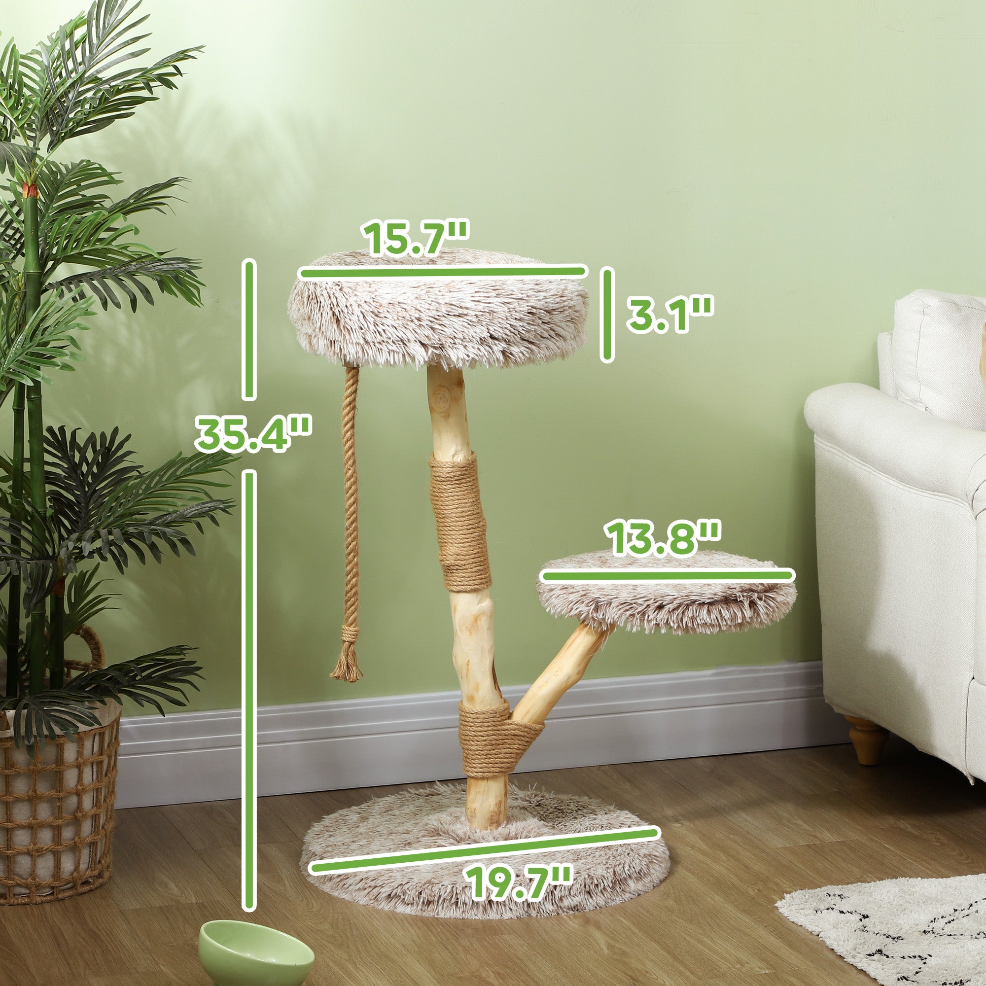 WoodClimb 35’’ modern cat tree with beige faux fur, wood base, rope posts