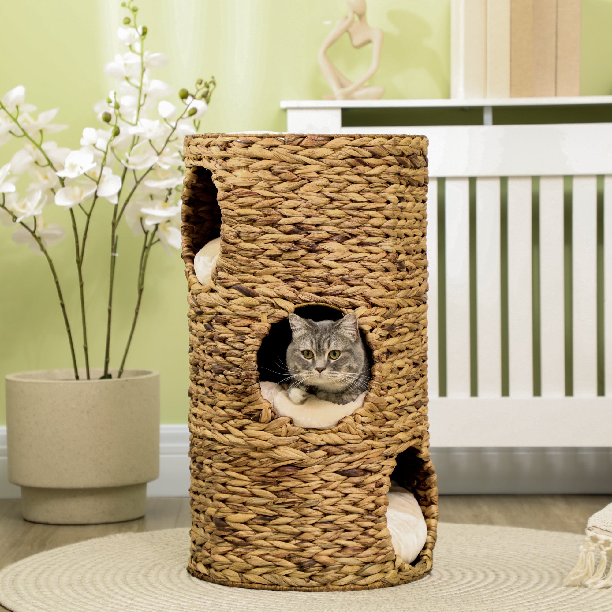 StackNest Elevated Cat Bed Tower with cozy woven fiber hideaways