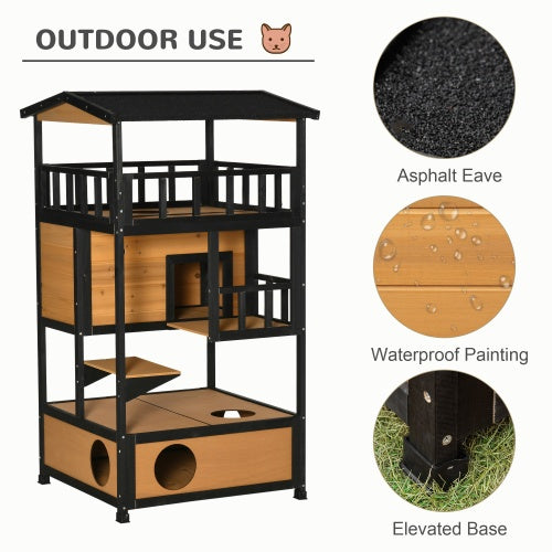 WoodHaven Wooden Outdoor Cat House in black and light brown with platforms