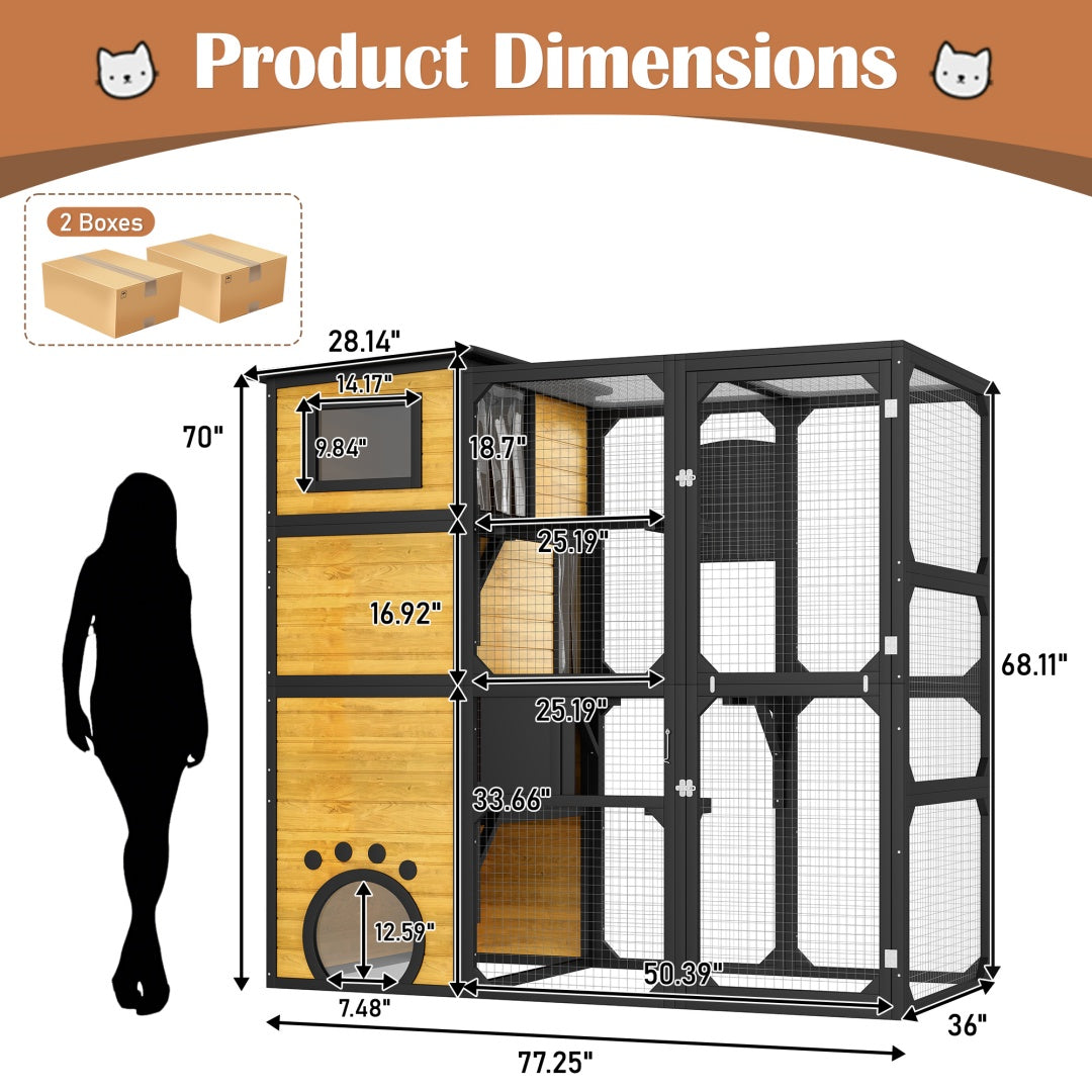 SunHaven Large Outdoor Cat Catio with black metal, wood platforms, mesh, paw entrance