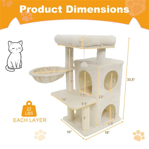 SafeClimb 33.5’’ beige multi-level cat tree with condo, posts, soft fabric