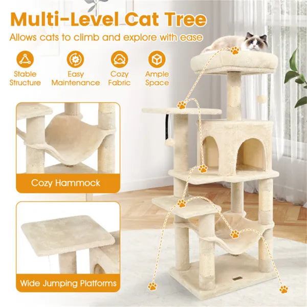SkyLounge 44’’ beige multi-level cat tree with hammock and platforms