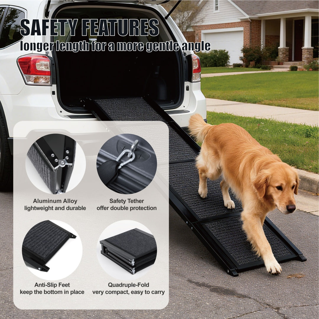FlexStride 65’’ black aluminum dog ramp with non-slip surface and tether