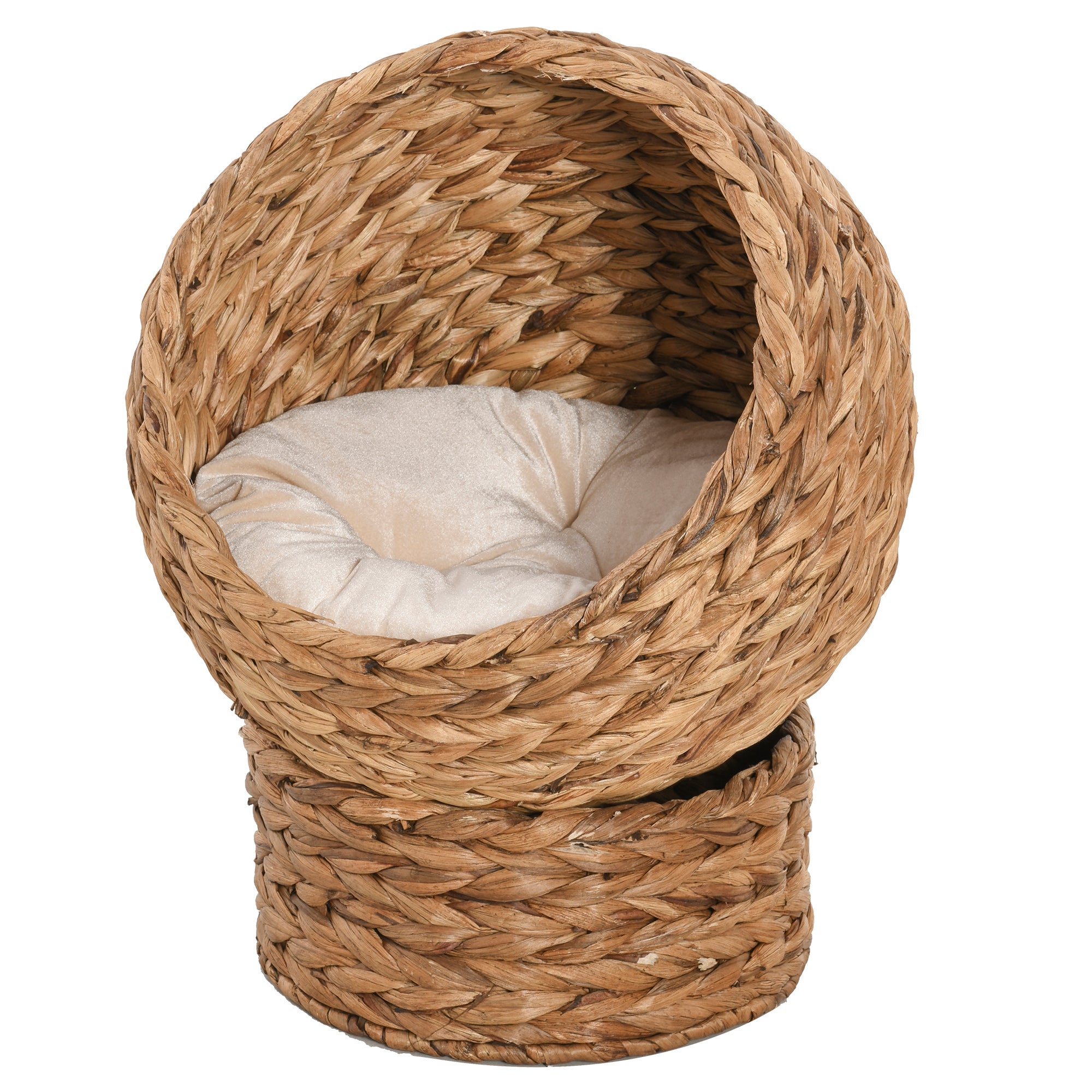 EggNest Handwoven elevated cat bed with cream cushion
